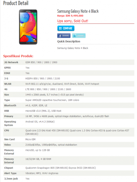 Samsunga Galaxy Note 4 - specyfikacja