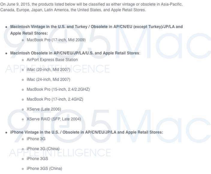 Lista urządzeń Apple bez wsparcia / fot. 9to5mac.com
