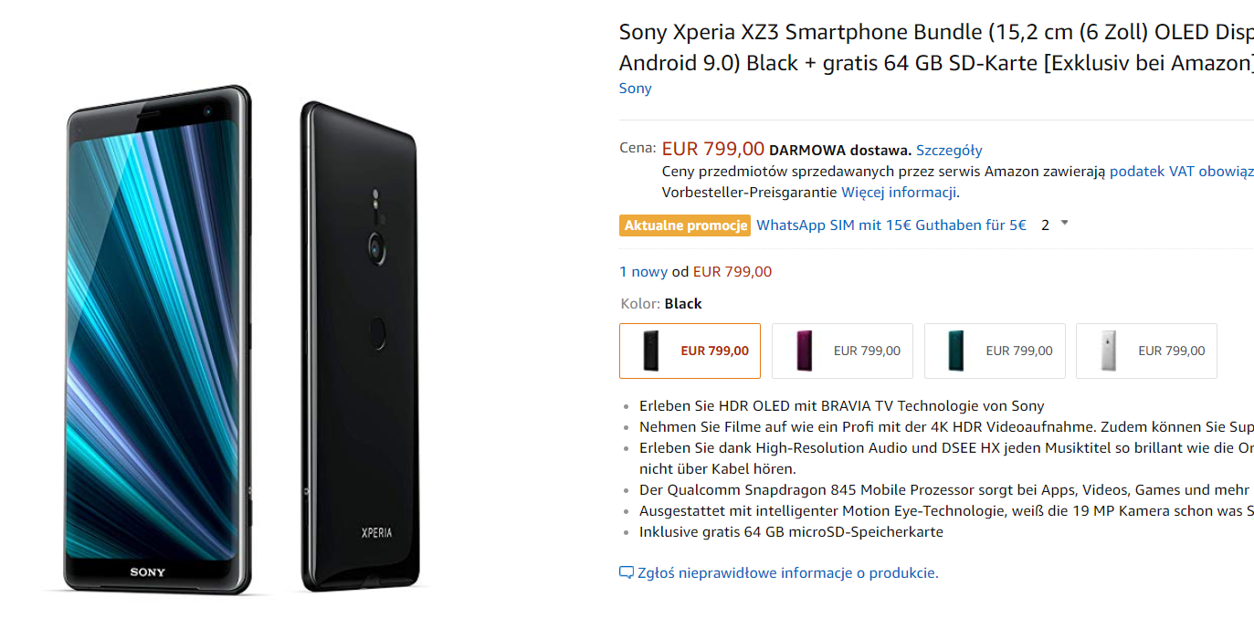 Sony Xperia XZ3 w ofercie Amazonu