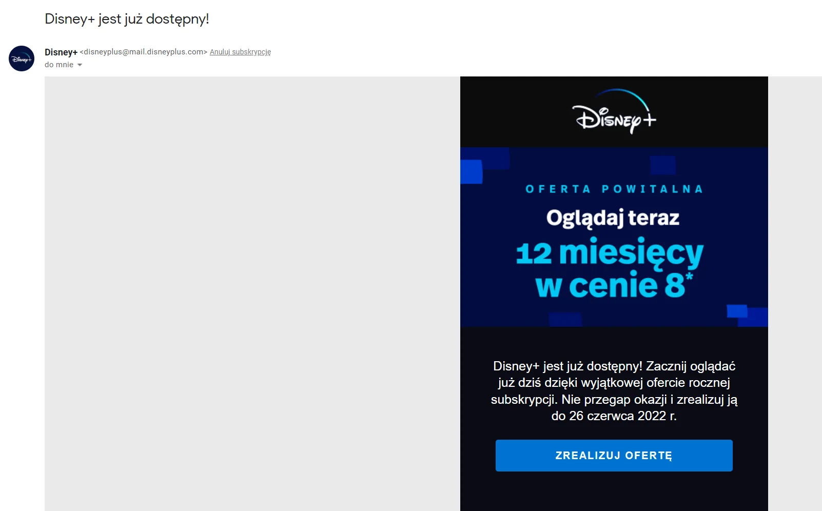 Wiadomość z ofertą powitalną Disney Plus